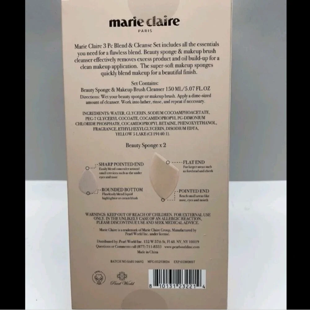 Marie Claire Paris 3 Pc Blend & Cleanse Set Beauty Sponge & Makeup Brush New